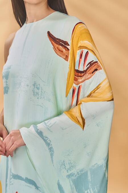 Shop Masaba Blue Crepe, Silk Round Neck Feathered Asymmetrical Kaftan Online at Aza Fashions Shop_Masaba_Blue Crepe, Silk Round Neck Feathered Asymmetrical Kaftan _Online_at_Aza_Fashions