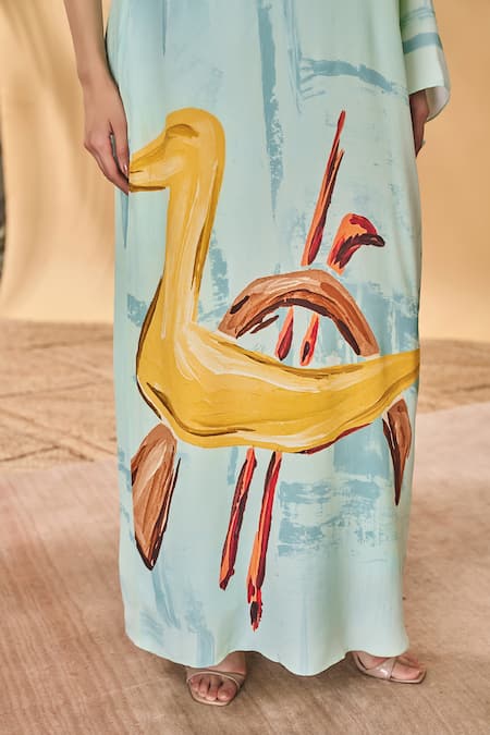 Masaba Blue Crepe, Silk Round Neck Feathered Asymmetrical Kaftan at Aza Fashions Masaba_Blue Crepe, Silk Round Neck Feathered Asymmetrical Kaftan _at_Aza_Fashions