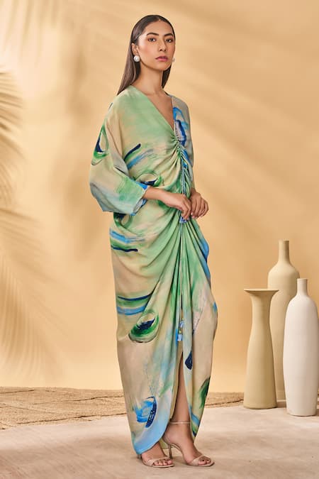 Masaba_Blue Crepe, Silk V-neck Whirlwind Cinched Kaftan _Online_at_Aza_Fashions
