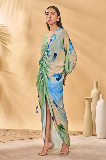 Buy_Masaba_Blue Crepe, Silk V-neck Whirlwind Cinched Kaftan _Online_at_Aza_Fashions