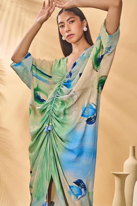 Shop_Masaba_Blue Crepe, Silk V-neck Whirlwind Cinched Kaftan _Online_at_Aza_Fashions