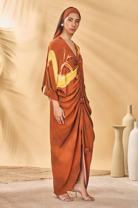 Masaba Brown Crepe, Silk V-neck Feathered Cinched Kaftan Online at Aza Fashions Masaba_Brown Crepe, Silk V-neck Feathered Cinched Kaftan _Online_at_Aza_Fashions