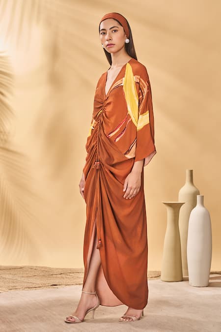 Buy Masaba Brown Crepe, Silk V-neck Feathered Cinched Kaftan Online at Aza Fashions Buy_Masaba_Brown Crepe, Silk V-neck Feathered Cinched Kaftan _Online_at_Aza_Fashions