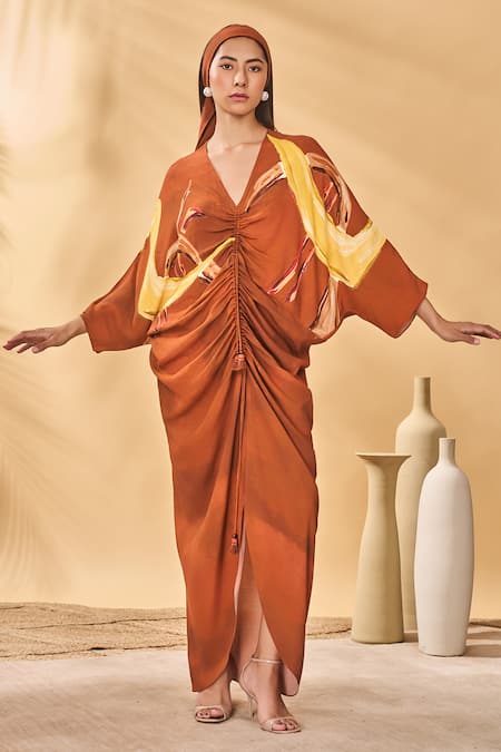 Shop Masaba Brown Crepe, Silk V-neck Feathered Cinched Kaftan Online at Aza Fashions Shop_Masaba_Brown Crepe, Silk V-neck Feathered Cinched Kaftan _Online_at_Aza_Fashions