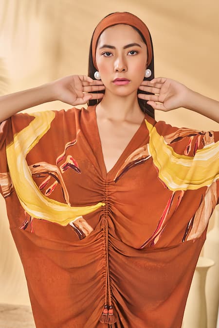 Masaba Brown Crepe, Silk V-neck Feathered Cinched Kaftan at Aza Fashions Masaba_Brown Crepe, Silk V-neck Feathered Cinched Kaftan _at_Aza_Fashions