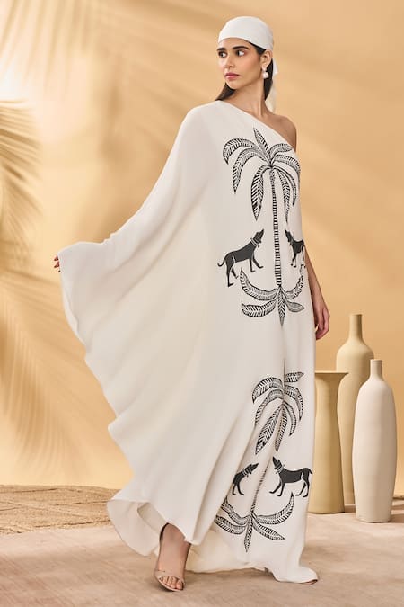 Buy_Masaba_Ivory Crepe Asymmetric Paw-tree Kaftan _Online_at_Aza_Fashions