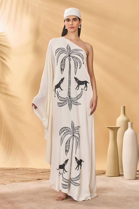 Shop_Masaba_Ivory Crepe Asymmetric Paw-tree Kaftan _Online_at_Aza_Fashions