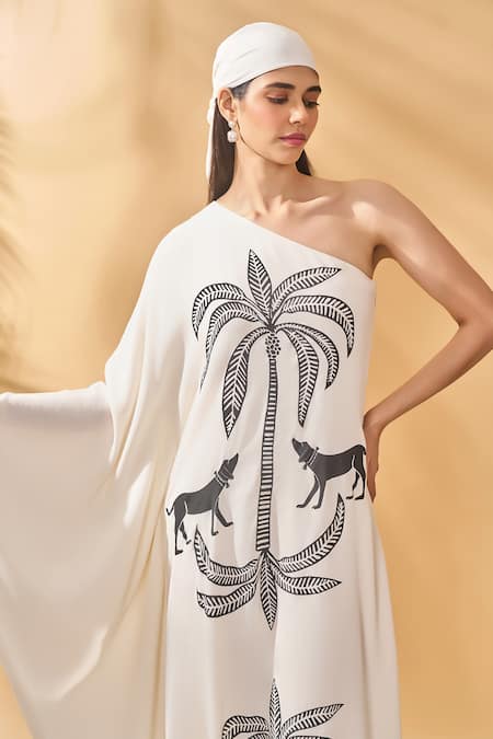 Masaba_Ivory Crepe Asymmetric Paw-tree Kaftan _at_Aza_Fashions