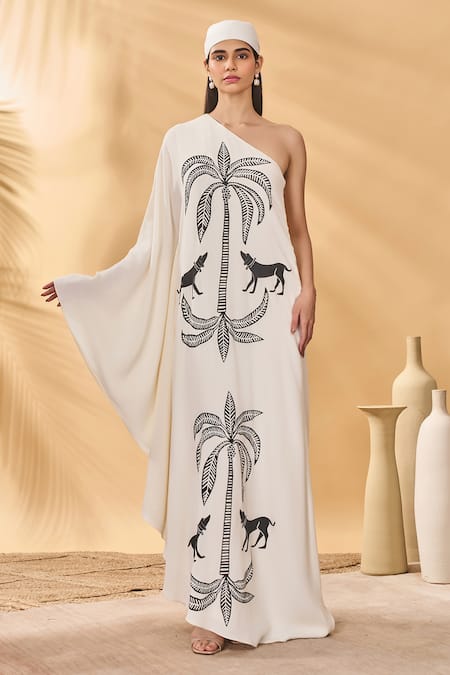 Masaba Ivory Crepe Asymmetric Paw-tree Kaftan 