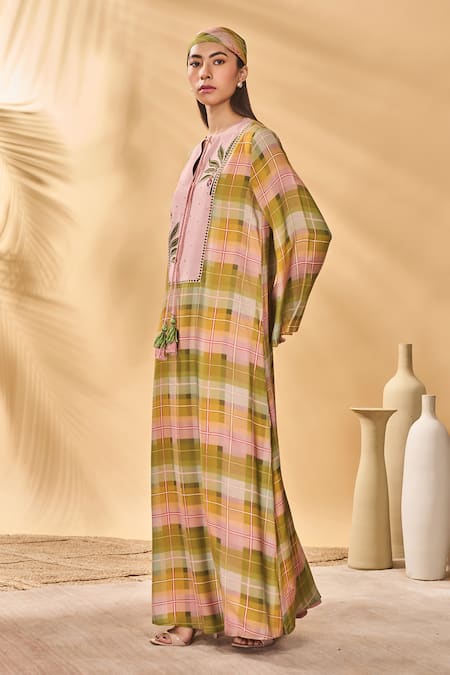 Masaba_Multi Color Silk Embroidery, Tassels Round Neck Pina Colada Checkered Kaftan _Online_at_Aza_Fashions