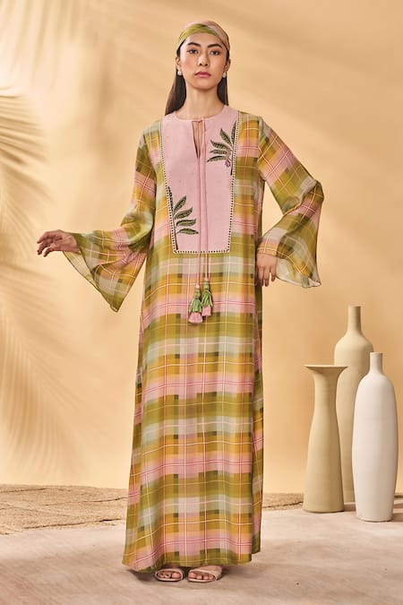 Masaba Multi Color Silk Embroidery, Tassels Round Neck Pina Colada Checkered Kaftan 