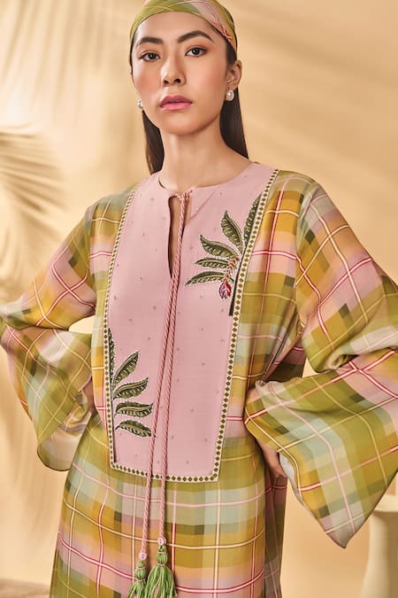 Buy_Masaba_Multi Color Silk Embroidery, Tassels Round Neck Pina Colada Checkered Kaftan _Online_at_Aza_Fashions