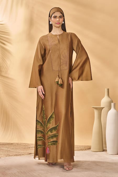 Masaba Tan Chanderi Tassels Keyhole Neck Trellis Palm Kaftan 