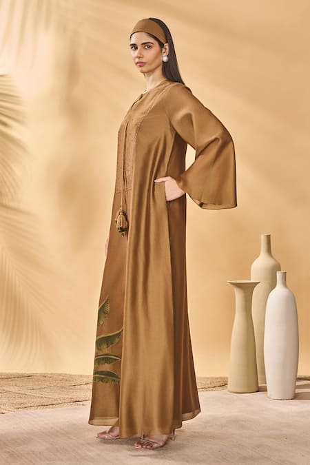 Masaba_Tan Chanderi Tassels Keyhole Neck Trellis Palm Kaftan _Online_at_Aza_Fashions