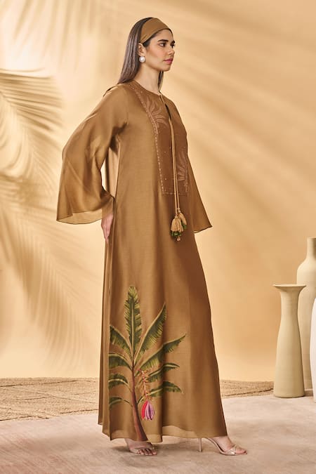 Buy_Masaba_Tan Chanderi Tassels Keyhole Neck Trellis Palm Kaftan _Online_at_Aza_Fashions