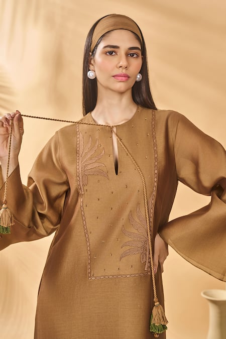 Shop_Masaba_Tan Chanderi Tassels Keyhole Neck Trellis Palm Kaftan _Online_at_Aza_Fashions
