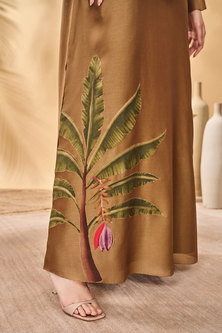 Masaba_Tan Chanderi Tassels Keyhole Neck Trellis Palm Kaftan _at_Aza_Fashions