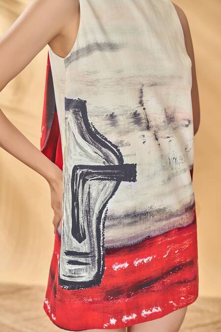 Masaba_Ivory Linen Round Neck Half Seen Shift Dress _at_Aza_Fashions