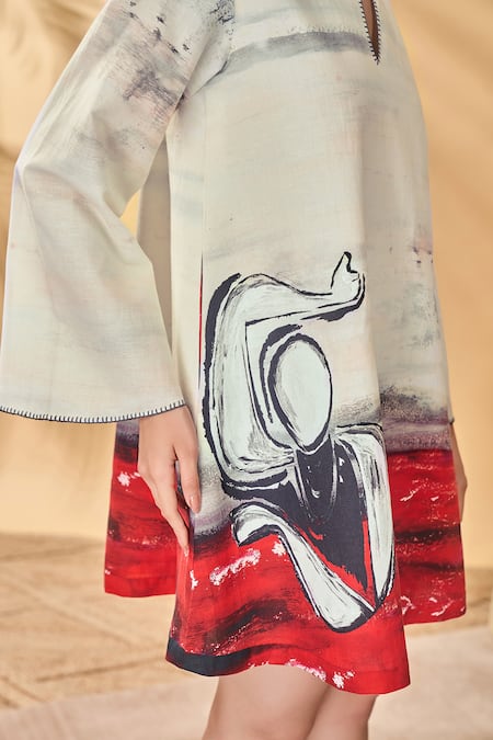 Shop_Masaba_Ivory Linen Keyhole Neck Dancing Shadows Trapeze Dress _Online_at_Aza_Fashions