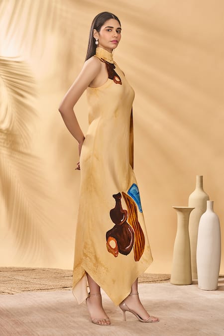 Masaba_Yellow Crepe, Silk Halter Neck Earthen Echoes Dress _Online_at_Aza_Fashions