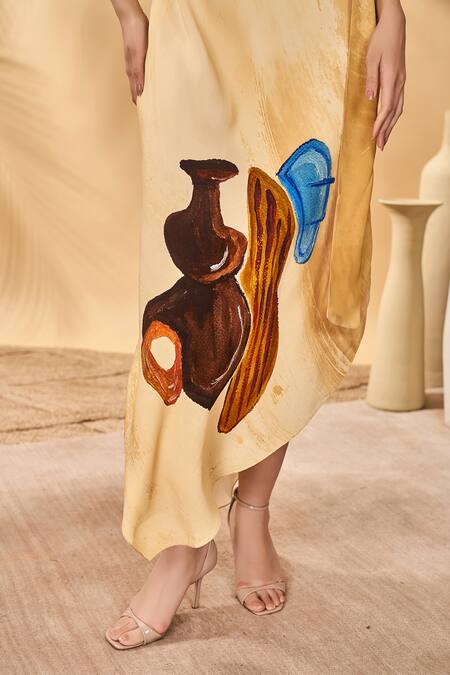 Masaba_Yellow Crepe, Silk Halter Neck Earthen Echoes Dress _at_Aza_Fashions