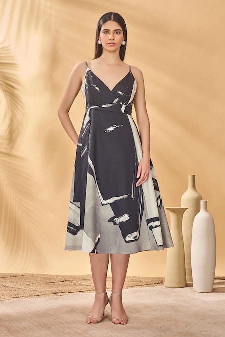 Masaba Gray Linen V-neck Hidden Gaze Wrap Dress 