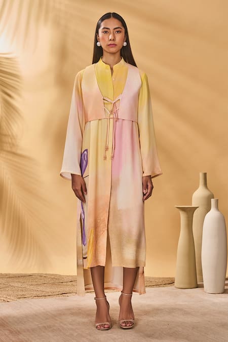 Masaba Yellow Crepe, Silk, Linen Collared, Open Neck Ochre Glazing Symphony Dress Set 