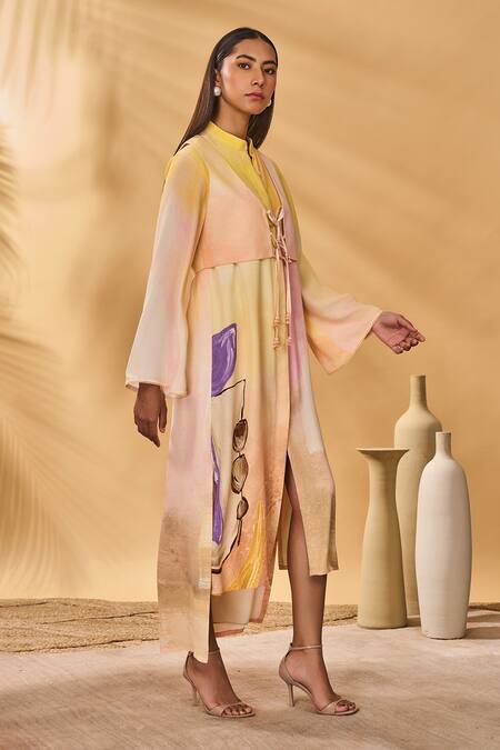 Masaba_Yellow Crepe, Silk, Linen High Neck, Round Ochre Glazing Symphony Dress Set _Online_at_Aza_Fashions