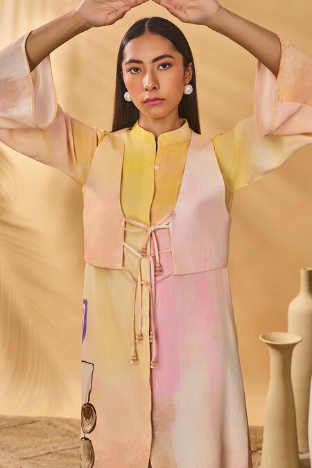 Buy_Masaba_Yellow Crepe, Silk, Linen High Neck, Round Ochre Glazing Symphony Dress Set _Online_at_Aza_Fashions