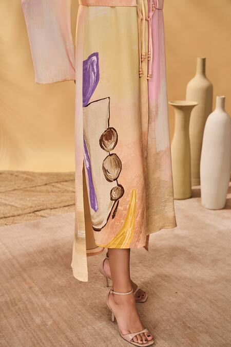 Shop_Masaba_Yellow Crepe, Silk, Linen High Neck, Round Ochre Glazing Symphony Dress Set _Online_at_Aza_Fashions