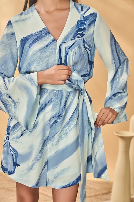 Masaba_Blue Crepe, Silk V-neck Rhythmic Curves Playsuit _Online_at_Aza_Fashions