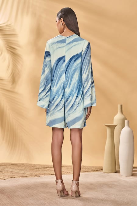 Masaba_Blue Crepe, Silk V-neck Rhythmic Curves Playsuit _at_Aza_Fashions