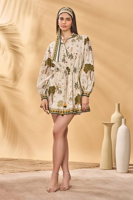 Shop_Masaba_Ivory Cotton Collared Pirouette Picnic Kora Mini Dress _Online_at_Aza_Fashions