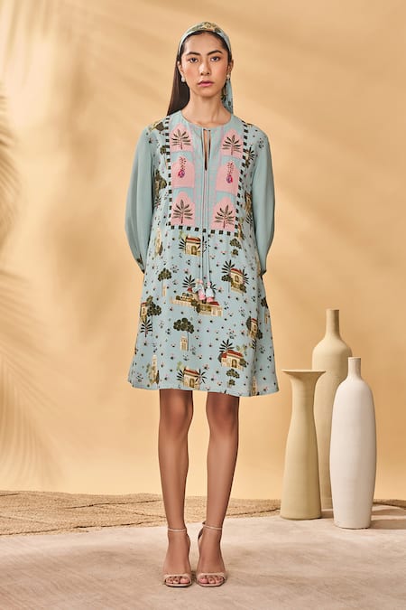 Masaba_Blue Crepe, Silk Embroidery Keyhole Neck Miniature Dreams Mini Dress _Online_at_Aza_Fashions