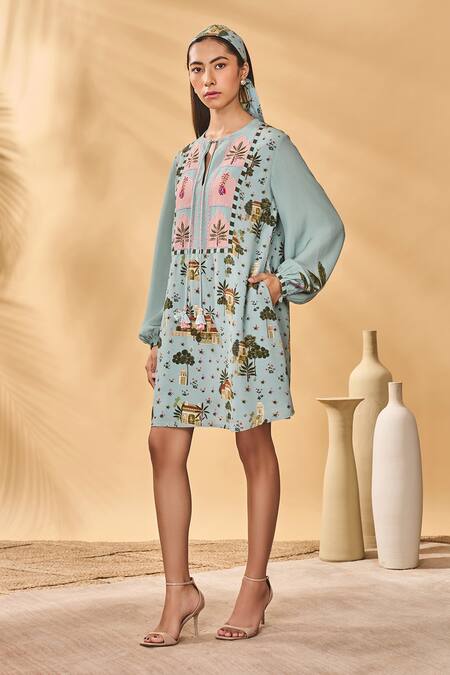 Shop_Masaba_Blue Crepe, Silk Embroidery Keyhole Neck Miniature Dreams Mini Dress _Online_at_Aza_Fashions