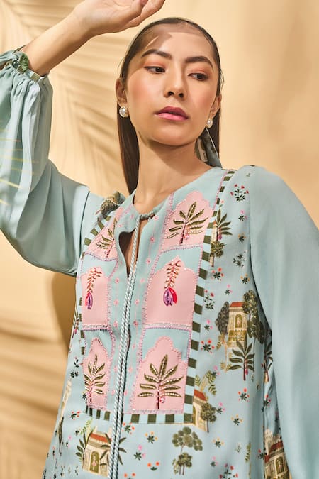 Masaba_Blue Crepe, Silk Embroidery Keyhole Neck Miniature Dreams Mini Dress _at_Aza_Fashions