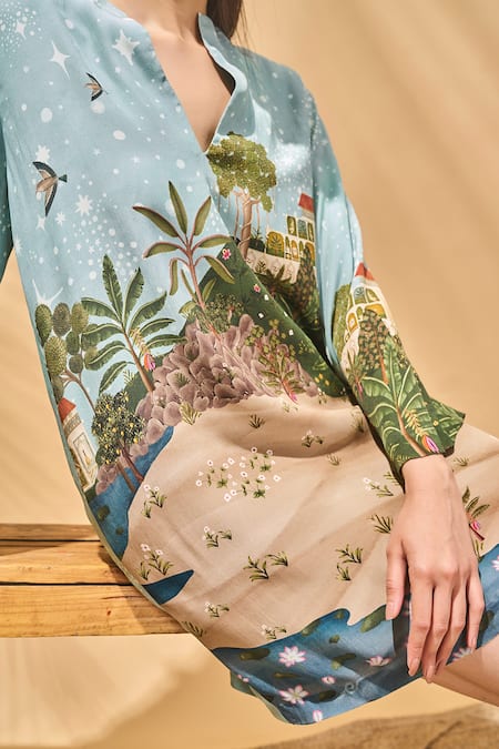 Shop_Masaba_Blue Crepe, Silk Split V-neck Holiday Home Placement Mini Dress _Online_at_Aza_Fashions