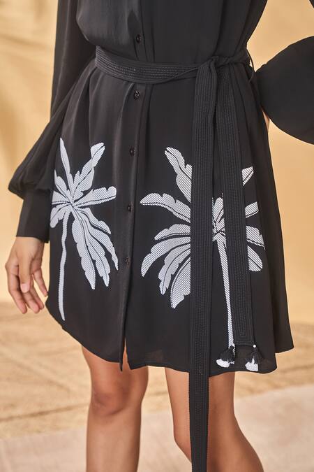 Masaba_Black Crepe, Silk Embroidery Collared Trellis Palm Shirt Dress _Online_at_Aza_Fashions