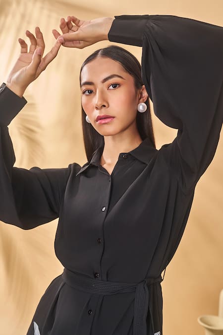 Shop_Masaba_Black Crepe, Silk Embroidery Collared Trellis Palm Shirt Dress _Online_at_Aza_Fashions