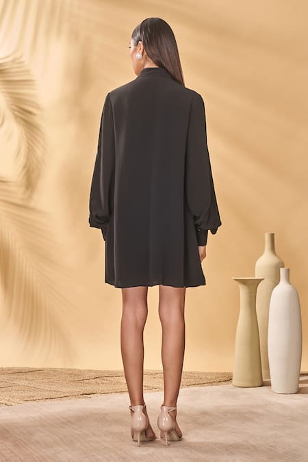 Shop_Masaba_Black Crepe, Silk Embroidery Collared Trellis Palm Shirt Dress 