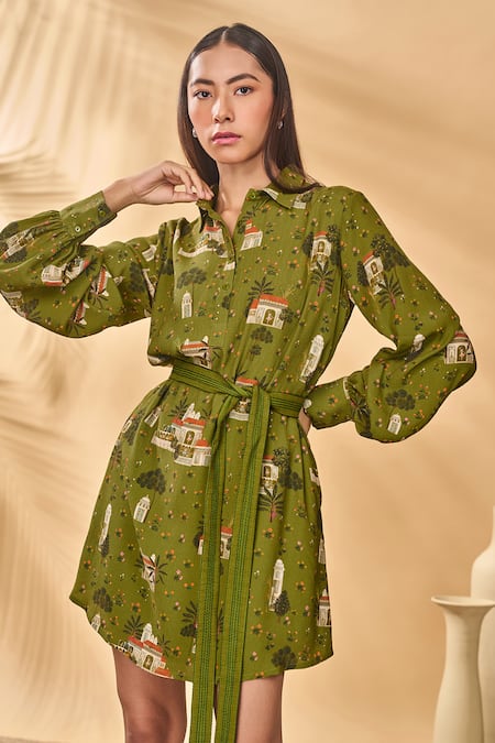 Buy_Masaba_Olive Green Crepe, Silk Collared Miniature Dreams Shirt Dress _Online_at_Aza_Fashions