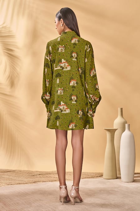 Masaba_Olive Green Crepe, Silk Collared Miniature Dreams Shirt Dress _at_Aza_Fashions