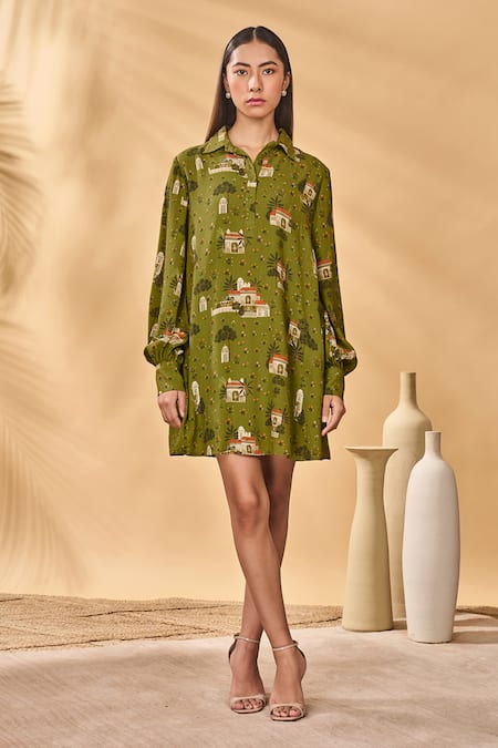 Buy_Masaba_Olive Green Crepe, Silk Collared Miniature Dreams Shirt Dress 