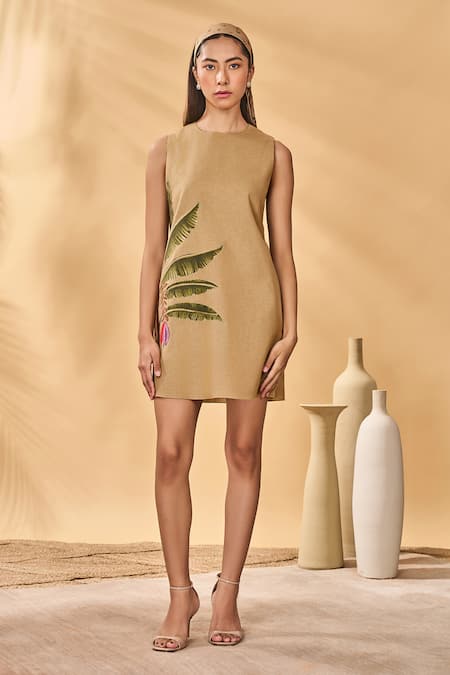 Masaba Beige Cotton, Linen Round Neck Trellis Palm Mini Dress 