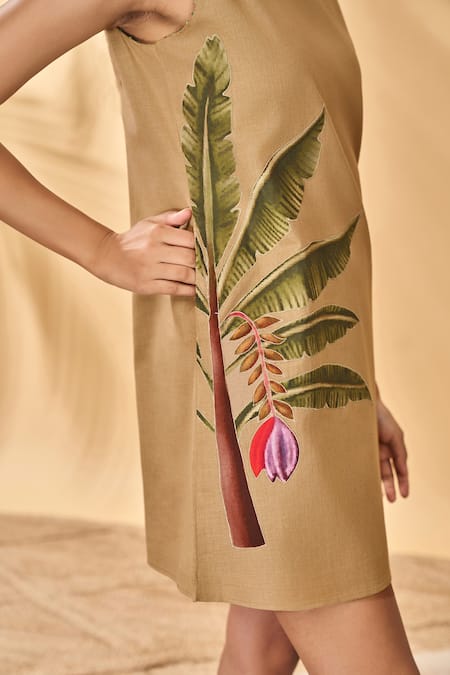 Shop_Masaba_Beige Cotton, Linen Round Neck Trellis Palm Mini Dress _Online_at_Aza_Fashions