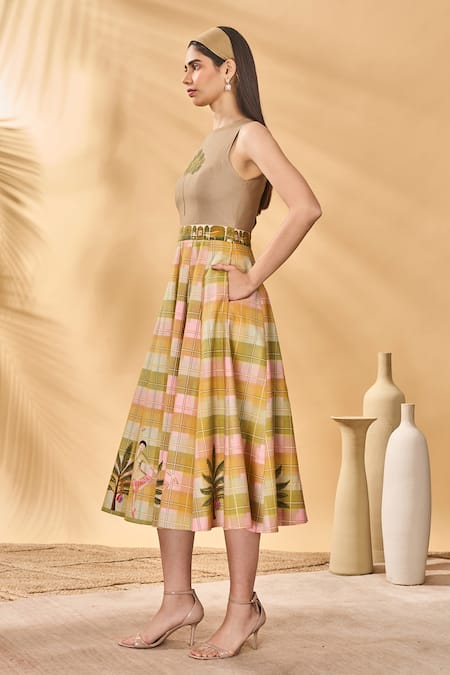 Masaba_Multi Color Cotton, Linen Embroidery Round Neck Pina Colada Checkered Midi Dress _Online_at_Aza_Fashions