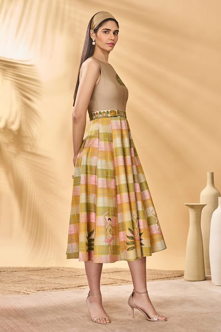 Buy_Masaba_Multi Color Cotton, Linen Embroidery Round Neck Pina Colada Checkered Midi Dress _Online_at_Aza_Fashions