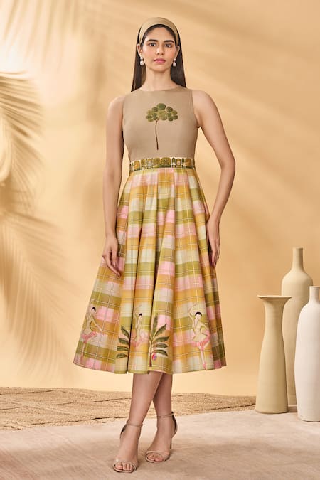 Shop_Masaba_Multi Color Cotton, Linen Embroidery Round Neck Pina Colada Checkered Midi Dress _Online_at_Aza_Fashions