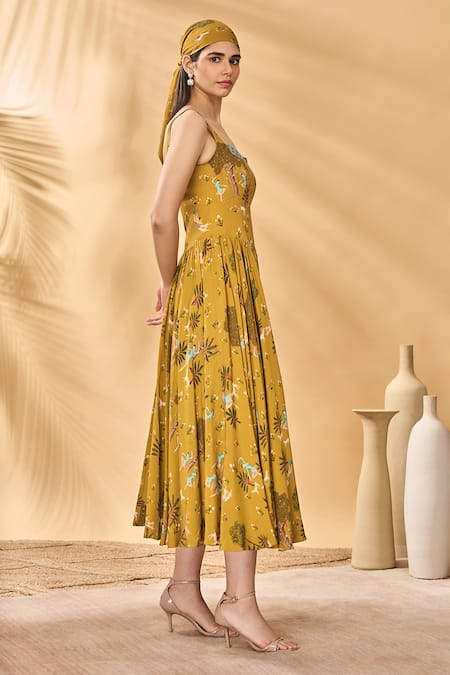Masaba_Mustard Crepe, Silk Square Neck Pirouette Picnic Corset Dress _Online_at_Aza_Fashions