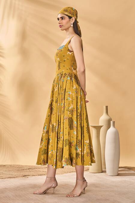 Buy_Masaba_Mustard Crepe, Silk Square Neck Pirouette Picnic Corset Dress _Online_at_Aza_Fashions